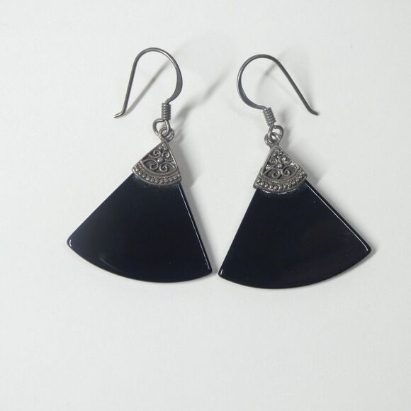 Fan Shaped Earrings Vintage Black Onyx Stone & Sterling Silver 925 Dangle - Picture 1 of 8